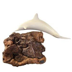 John Perry White Dolphin Porpoise Figurine Sculpture Mounted on Burl Wood Base